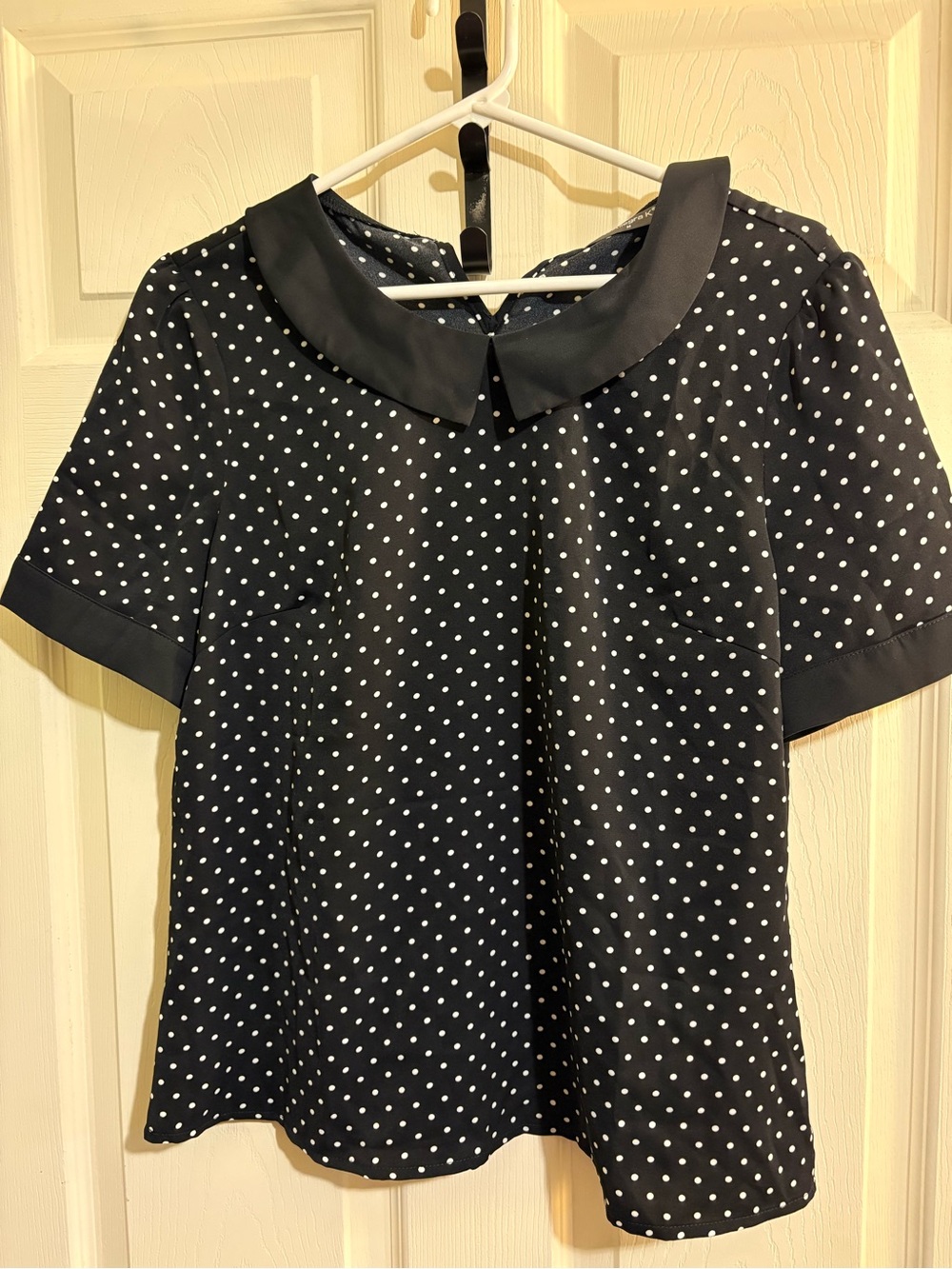Allegra K Black Polka Dot Short-Sleeve Blouse with Peter Pan Collar